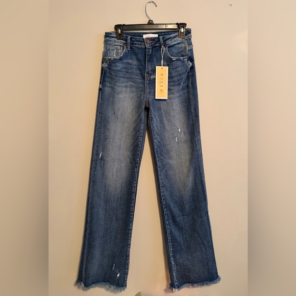 Risen Jeans Denim - Risen jeans  high rise dark wash Straight Leg Jeans long 33” frayed hem